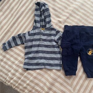 First Impressions Gray and Blue Striped Henley Hoodie with Navy Cargo Pants